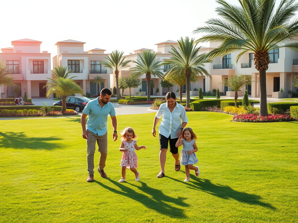 A family of four walks joyfully on a green lawn with palm trees and modern houses in the background.