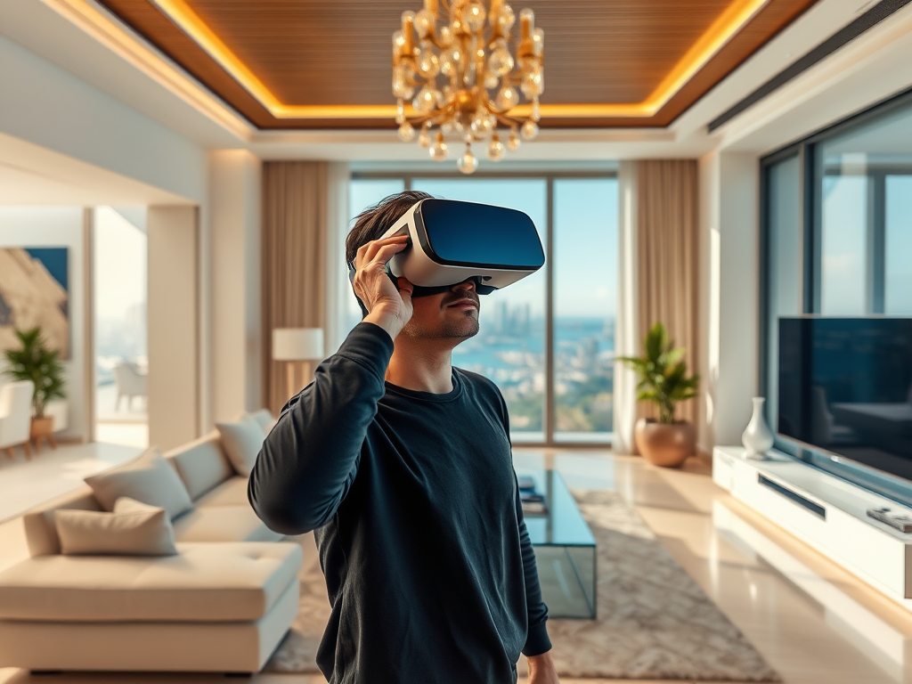 A man wearing a VR headset stands inside a modern, stylish living room with large windows and city views.