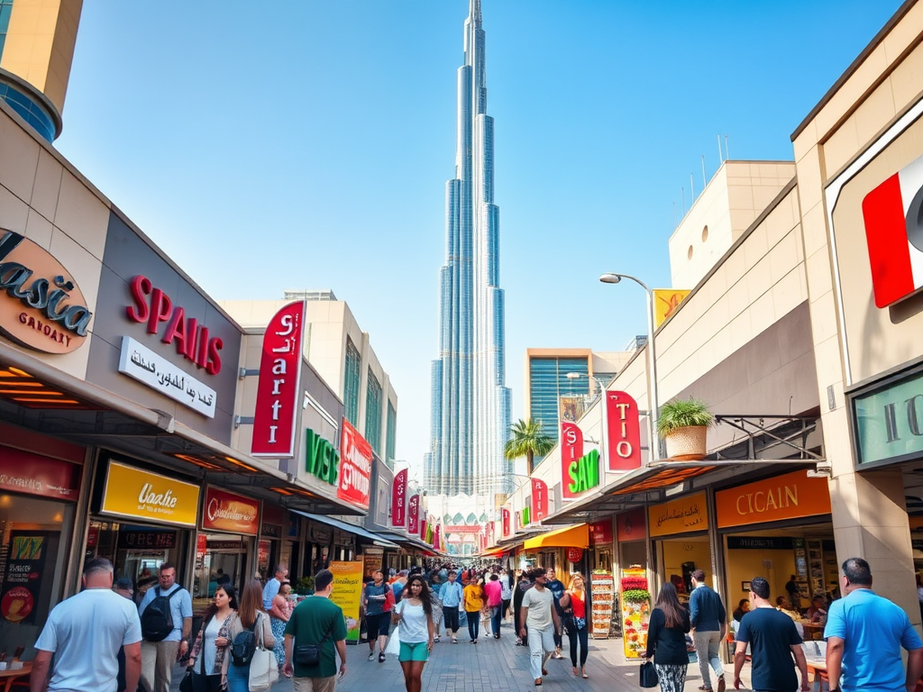 A bustling shopping street with various shops and the Burj Khalifa towering in the background under a clear blue sky.