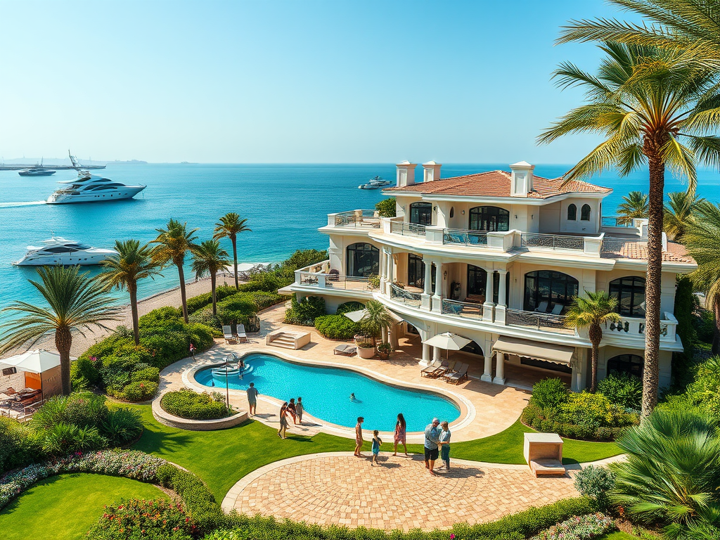 A luxurious villa by the sea features palm trees, a pool, and people enjoying the sunny day near yachts.