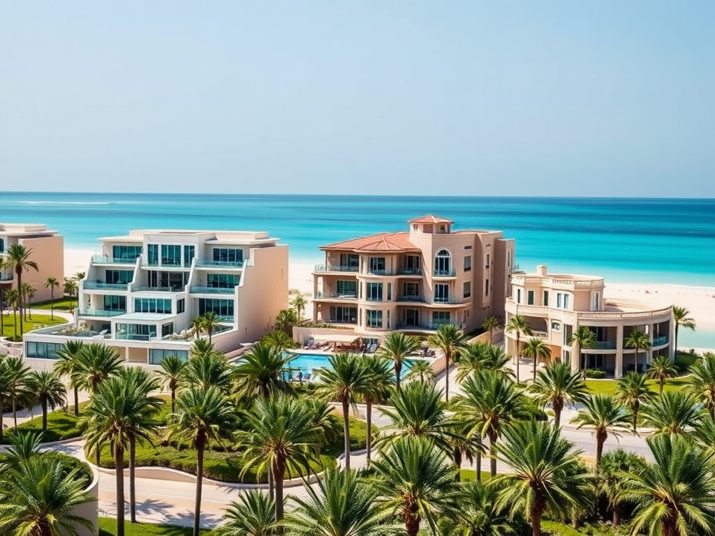 A scenic view of beachfront villas surrounded by palms and a turquoise sea under a clear blue sky.