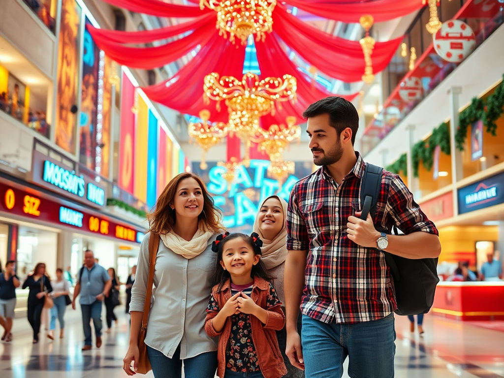 A family is walking happily through a vibrant shopping mall, decorated with red drapes and festive lights.