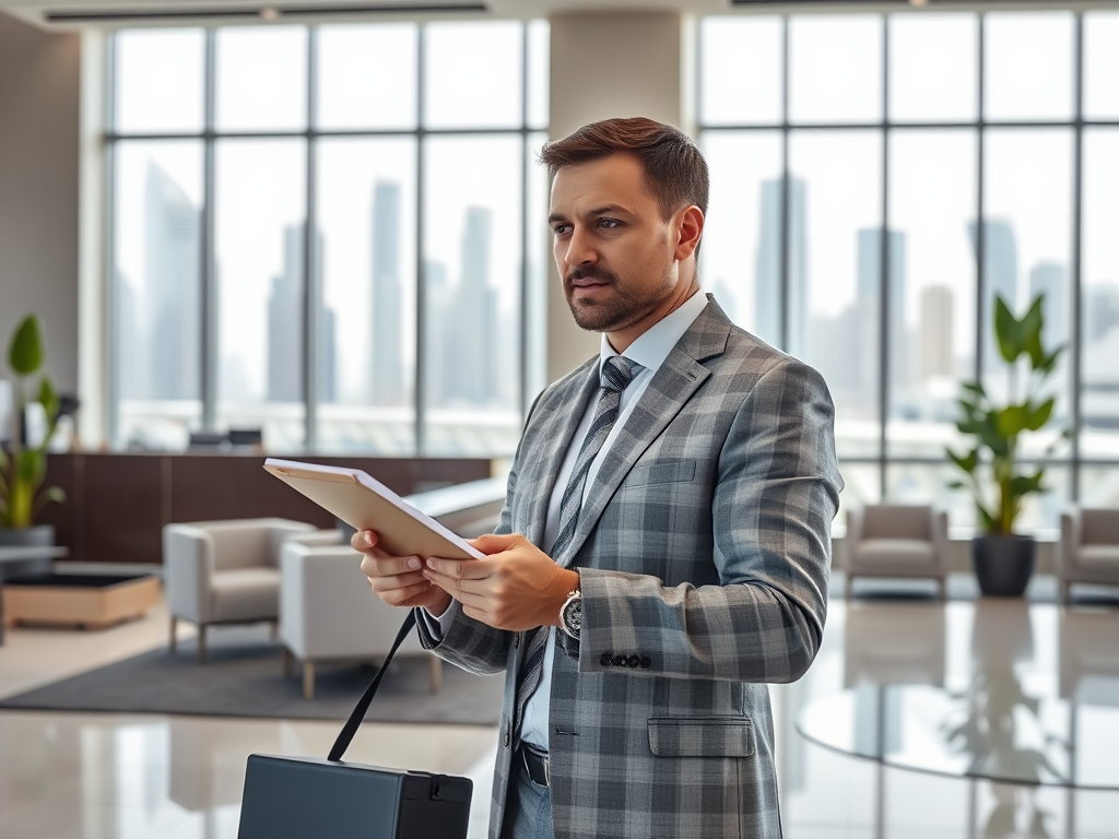 A man in a tailored suit stands in a modern office, holding a tablet, with a city skyline visible through large windows.