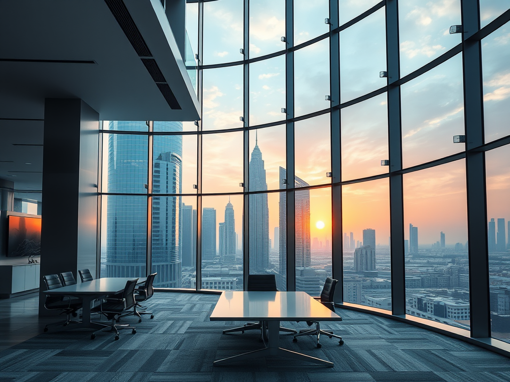 A modern office with large glass windows showcasing a sunset over a city skyline filled with skyscrapers.