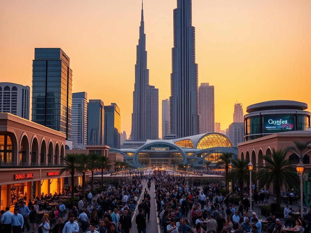 Crowded urban area at sunset, featuring modern buildings and the Burj Khalifa in the background.