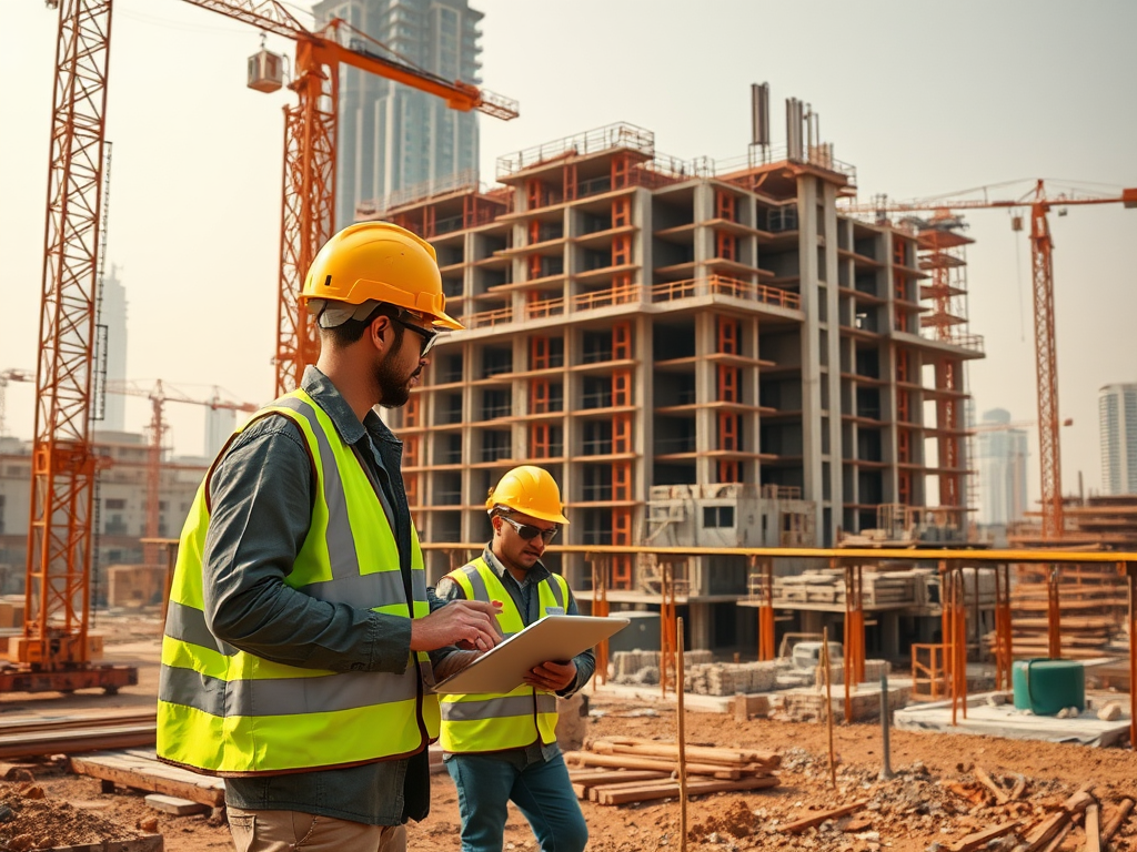 Two construction workers in safety gear inspect plans at a building site with cranes and scaffolding in the background.